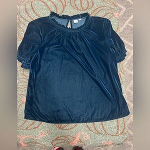 GAP Navy Velvet Ruffle Neck Short Sleeve Top